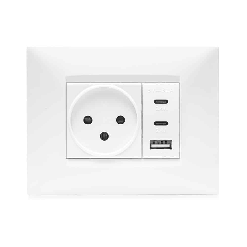 מארז טריפל USB שקע כח מתאם ומסגרת BE לבנה 3 מודול ניסקו סוויץ’ | NISKO