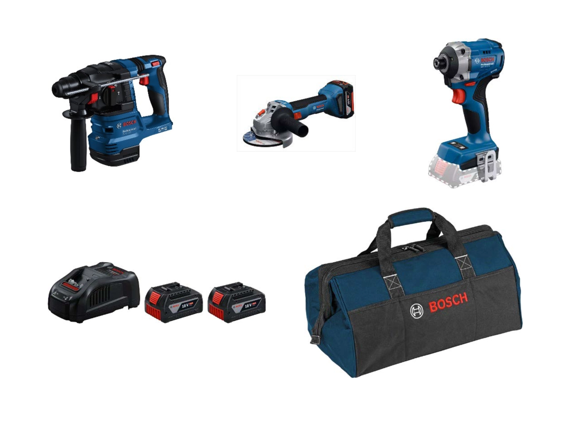 סט 3 כלים בוש GDR18V-215 GBH18V-22 GWS18V-8 כולל 2 סוללות 5 אמפר ומטען